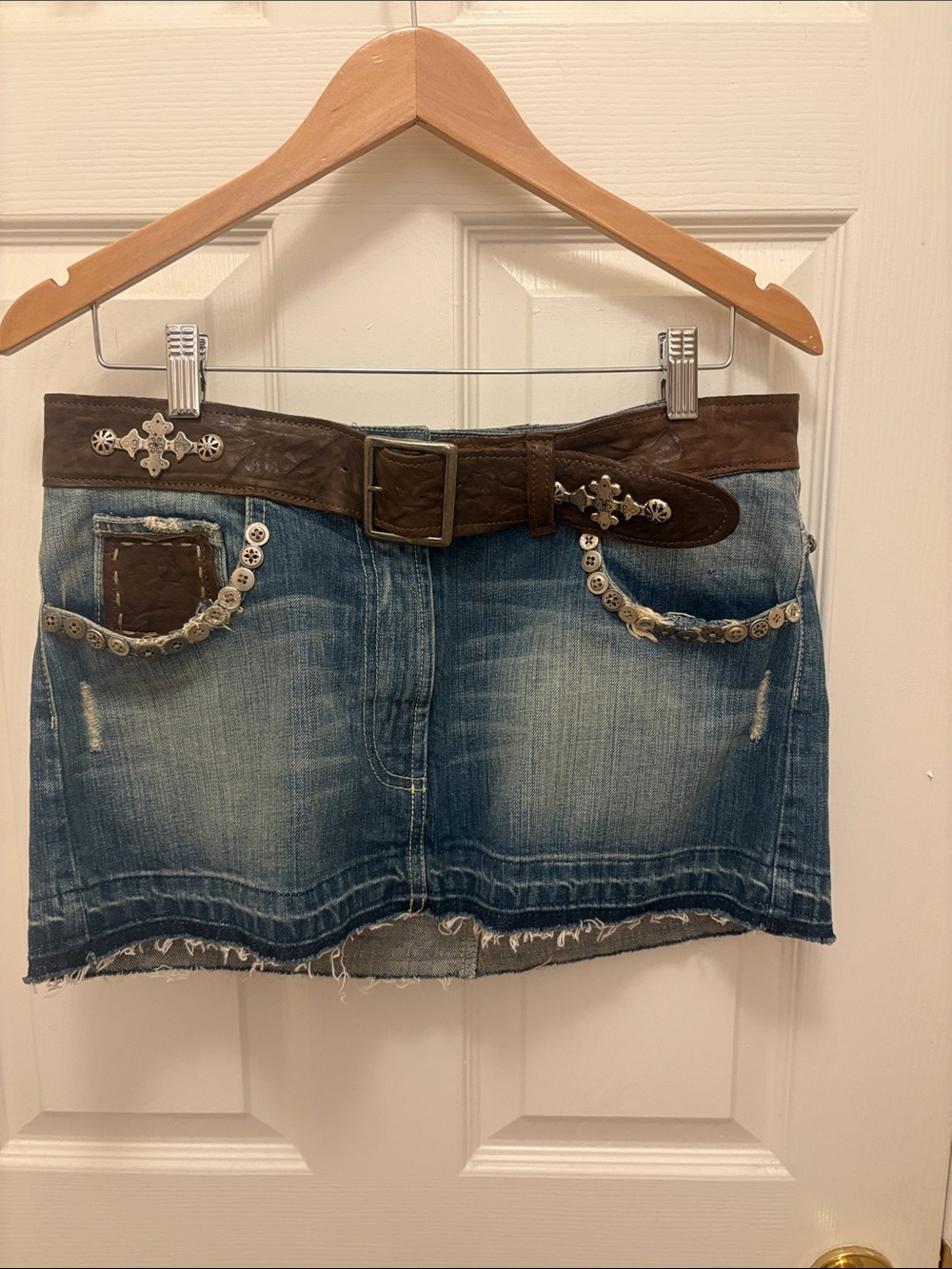 My Tribe Denim Mini Skirt with Brown Leather Belt and Stud Accents